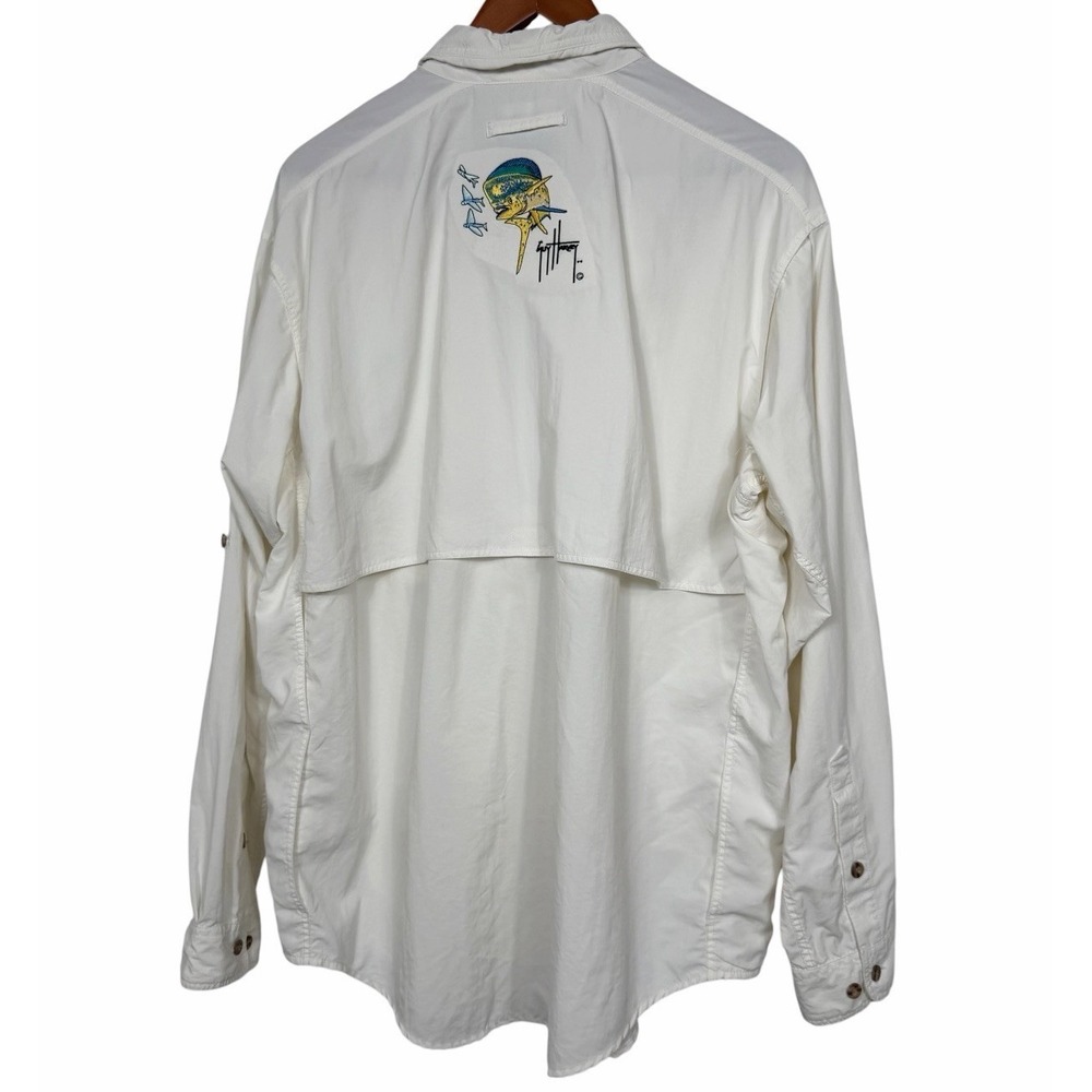 Guy Harvey AFTCO Bluewater Fishing Shirt Mens Large White Vented Mahi Mahi‎ LS